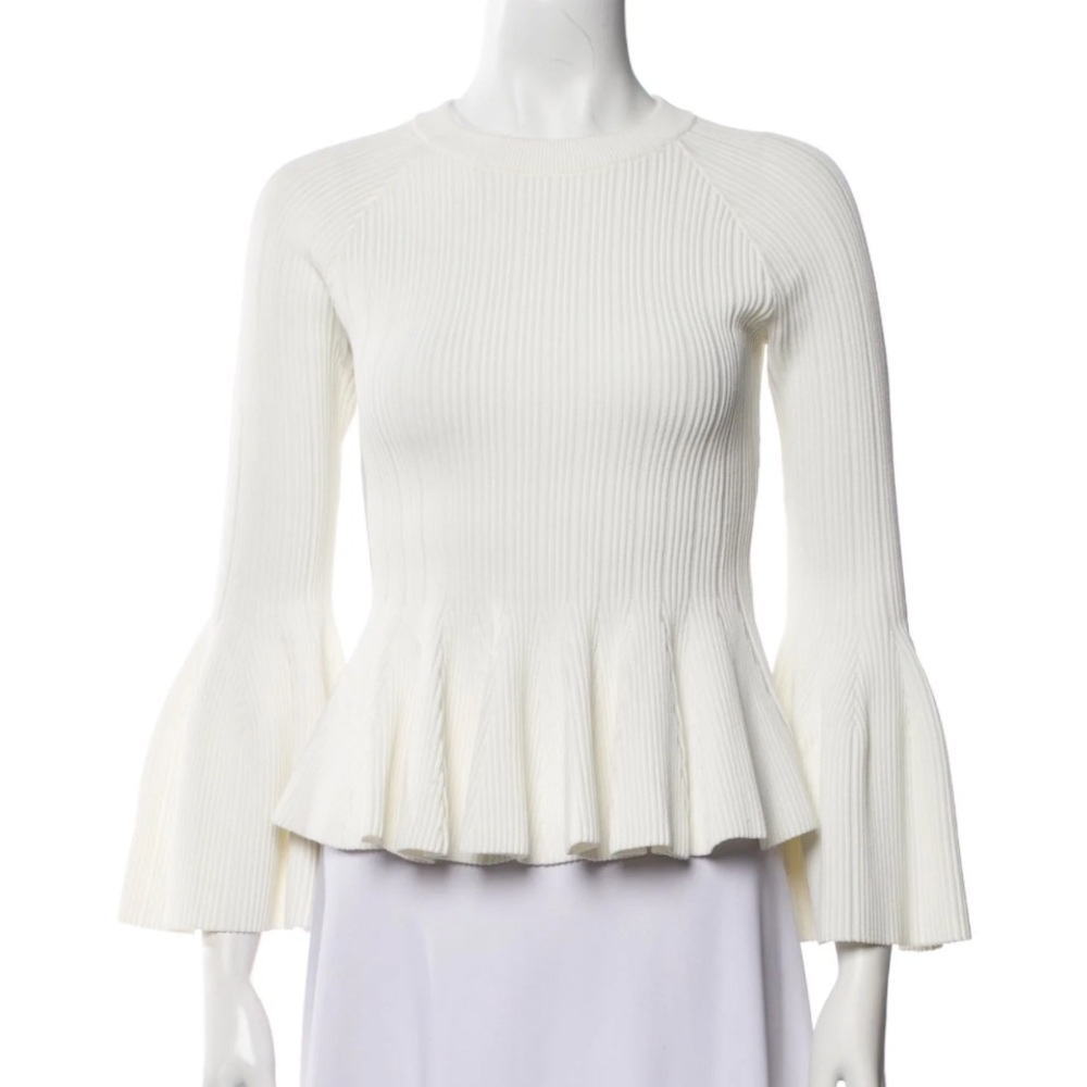 NWT Jonathan Simkhai peplum crew neck bell sleeve sweater in bone colour, size M